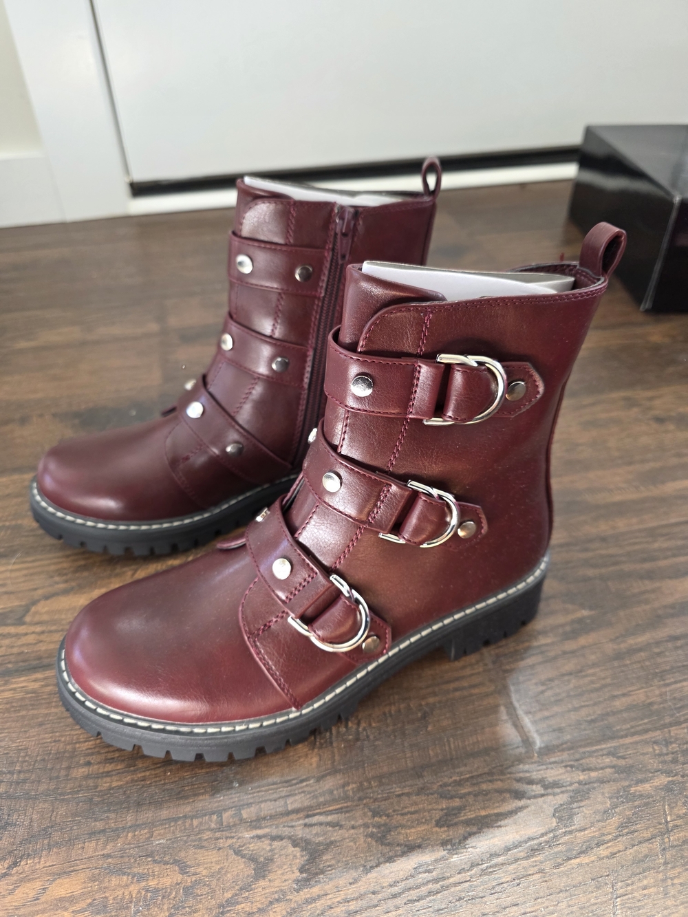 Women’s Burgundy Buckle Combat Boots S0 NWT